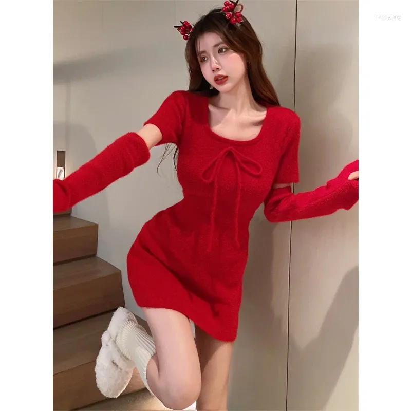 Lässige Kleider süßes Mädchen rot Halfterhalter Wrap Hip Short Kleid Frauen Weihnachtsimitation Nerz Fleece Slim Fit Mode weiblich