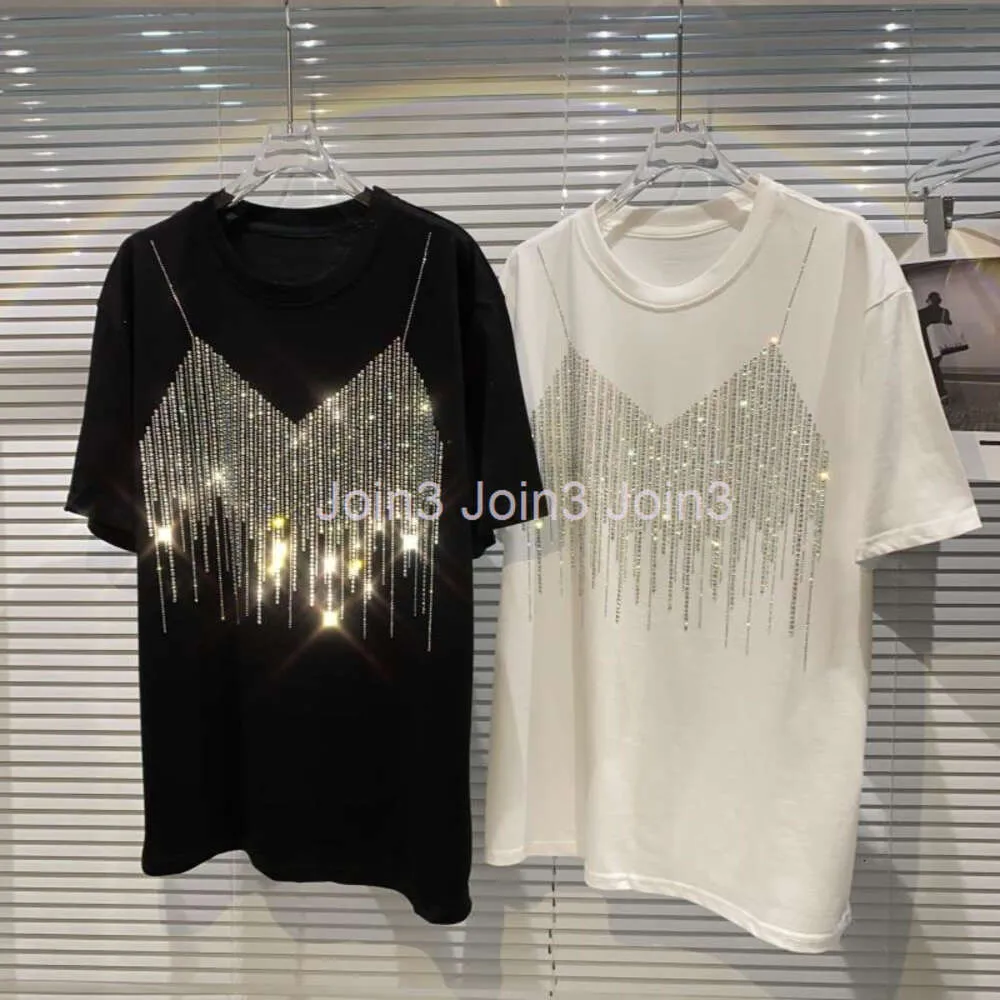 Ny design kvinnor mode cool o-hals kort hylsa lös strass shinny bling långa t-shirt toppar