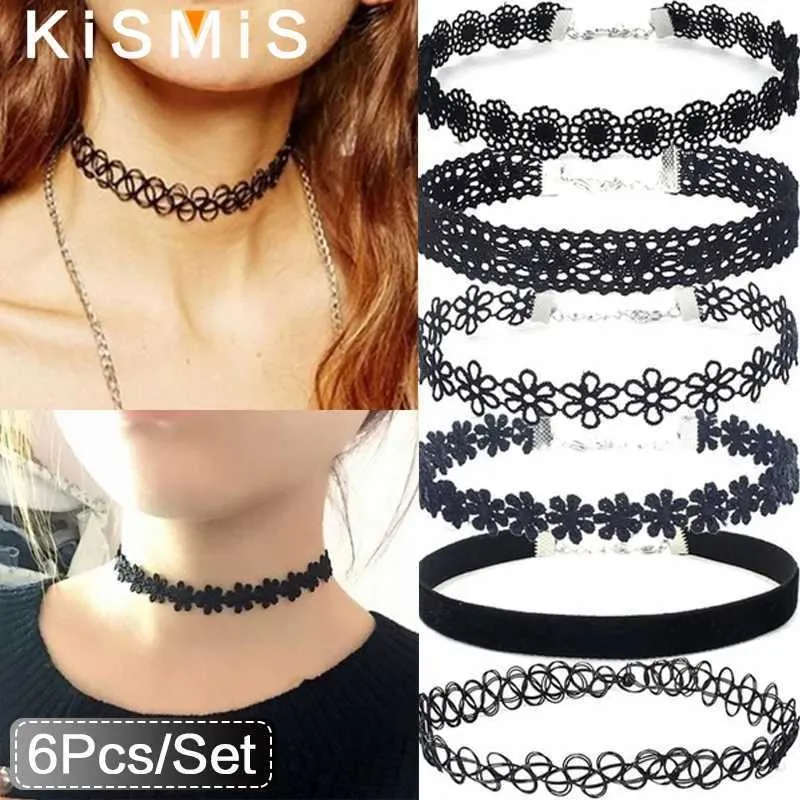 Chokers Kismis 6-teilige/set schwarze Spitze Halskette Set Vintage Gothic Punk Elastic Halskette Frauen Juwely 1 Set D240514