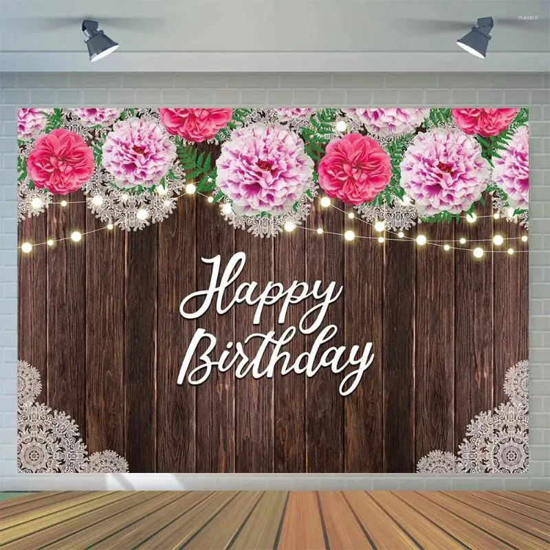 Party Decoration Happy Birthday Pography Backdrop Rural Wood Wall Floral Po Banner Cake Table Supplies Studio Props