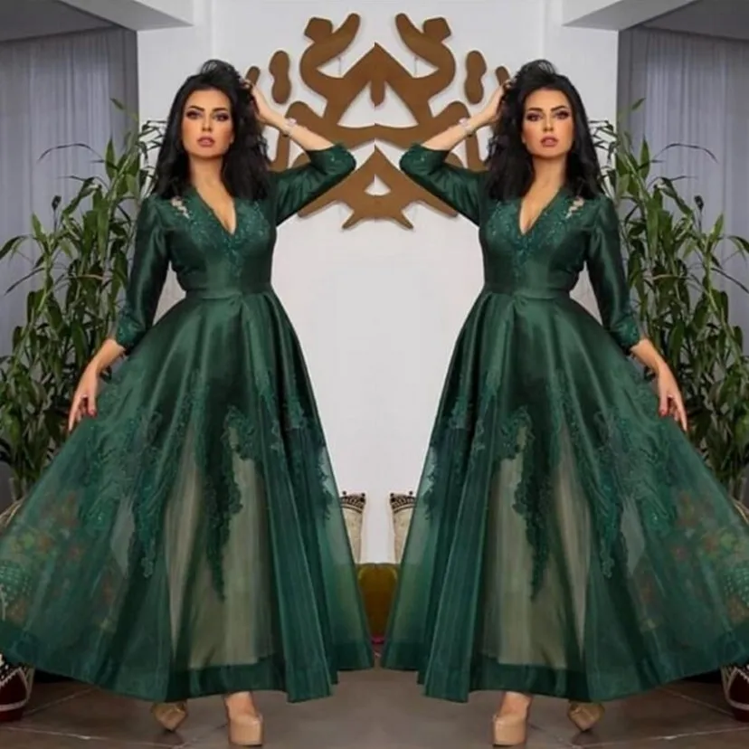 Dark Green V Neck Satin Evening Dresses Long Sleeves Tulle Lace Applique Ruched Ankle Length Prom Formal Wear Party Gowns 191c