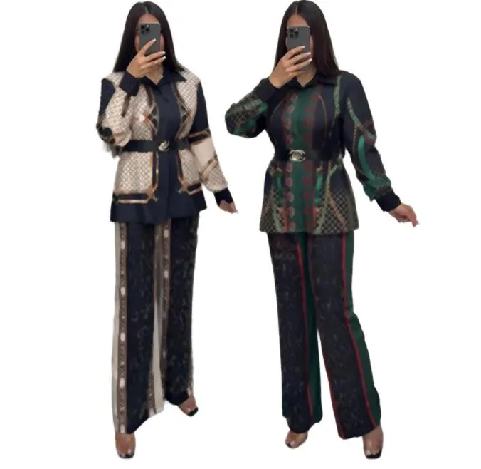 Luxury Women's printed patchwork Tracksuits fashion Designer long sleeved shirts and wide leg pants two-piece sets Outfits