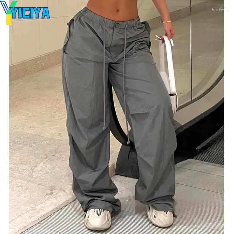 여성용 바지 Yiciya Y2K 여성화물 직선 헐렁한 높은 허리 허리 미용적 드로우 스트링 포켓 캐주얼 조깅 바지 히피 펑크 스트리트웨어