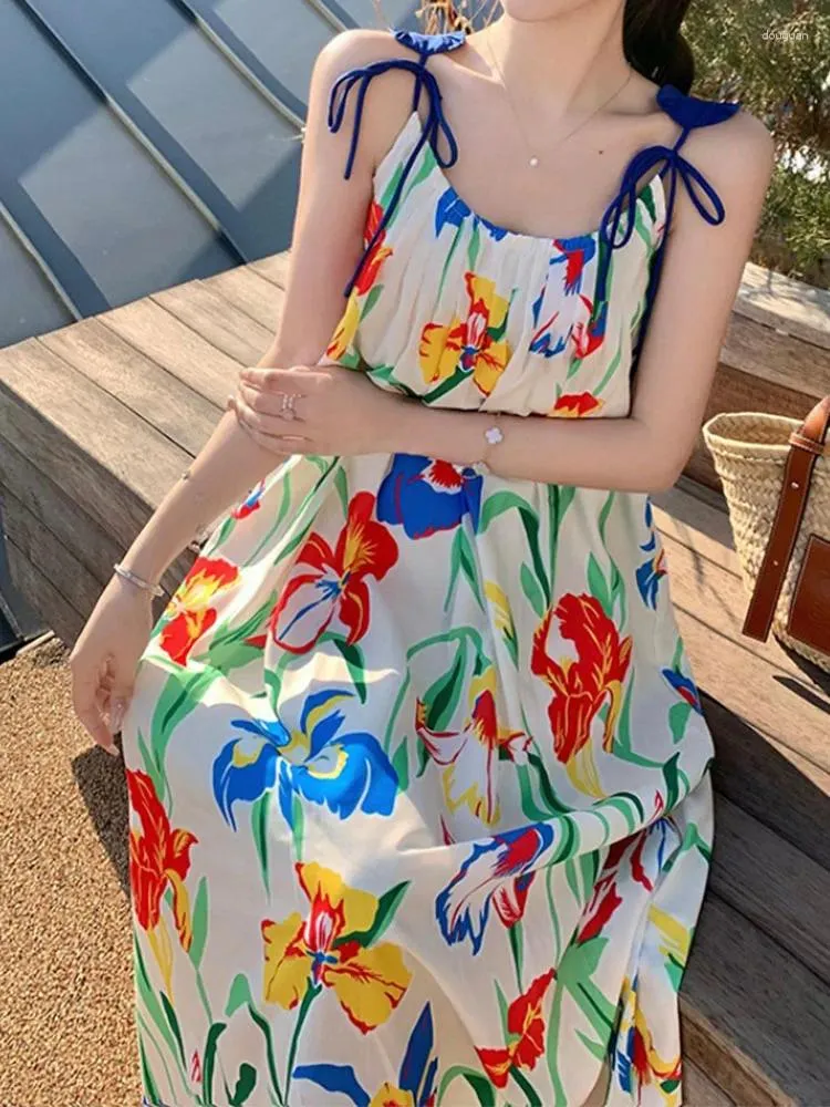Casual klänningar kvinnor semester strandklänning sommar lös o-hals snörning mode söt blommig tryck bohemia lång h-line frock