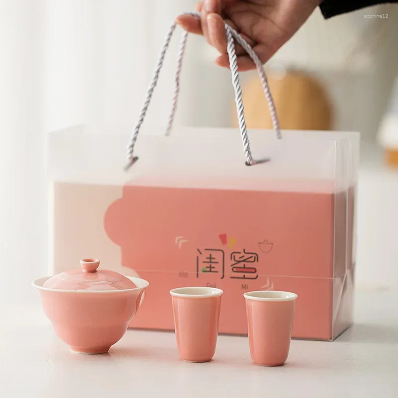 Ensembles de thé en céramique Simple Ceramic Set One Pot et deux tasses Pink Ercai Bowl Day 'Day Souvenirs Matcha Tools Kitchen Dining