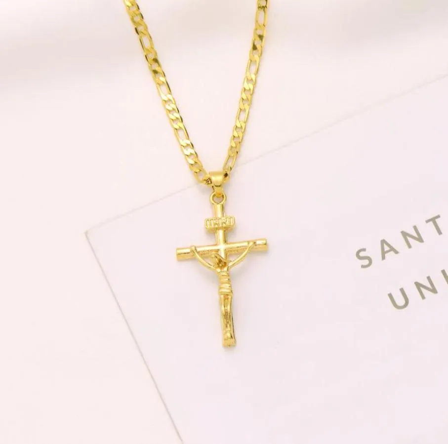 Italiensk inri Jesus Crucifix Cross Pendant Figaro Link Chain Halsband 9K Gul fast guld GF 60cm 3mm Womens Mens4918611