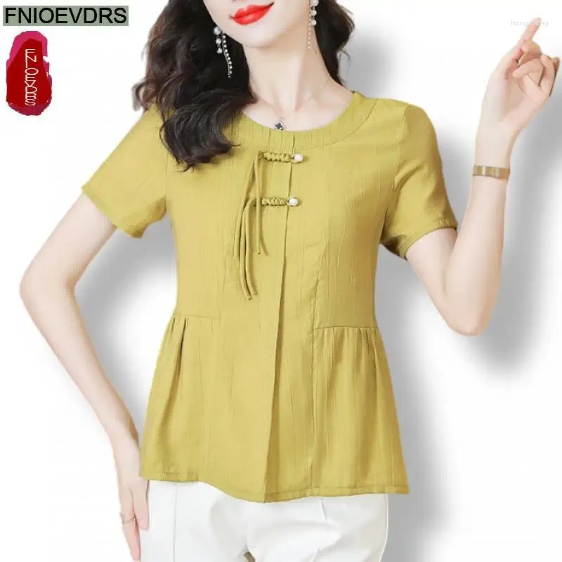 Blouses des femmes M-5xl 2024 Péplum d'été Tops Femmes Basic Wear Office Lady Work Short Sheeve rétro Vintage jaune élégant Button Shirts