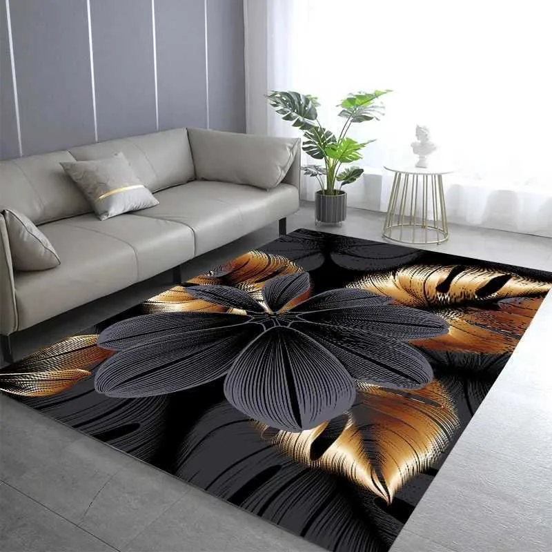 Halı lüks siyah ve altın bitki yaprağı halı geometrik tasarım yatak odası yatak takımı kaymaz ev kanepe sehpa dekoratif zemin paspasları H240514