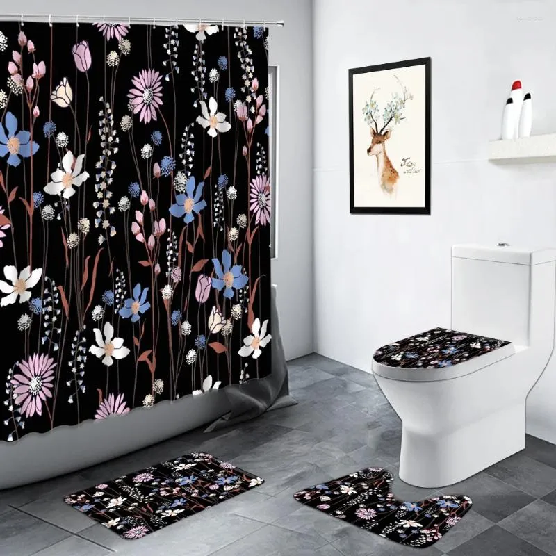 シャワーカーテンクリエイティブプラントフラワーバスルーム装飾カーテンバスマットブラックバックドロップシンプルな花柄のホームトイレノンスリップラグセット