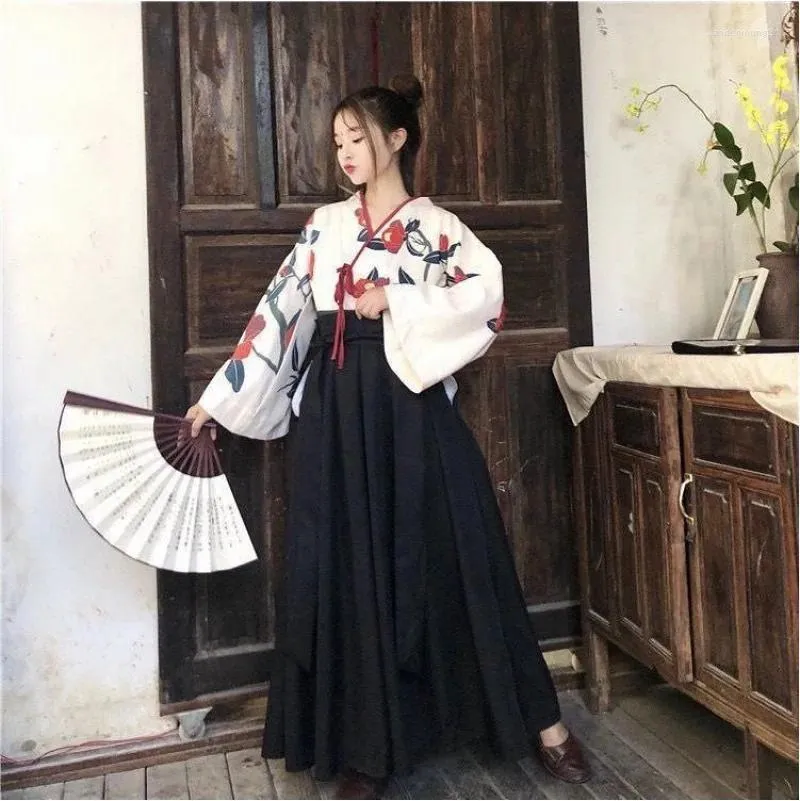 Floral Print Kimono 2 Piece Set Vintage Japanese Style Outfit for Women