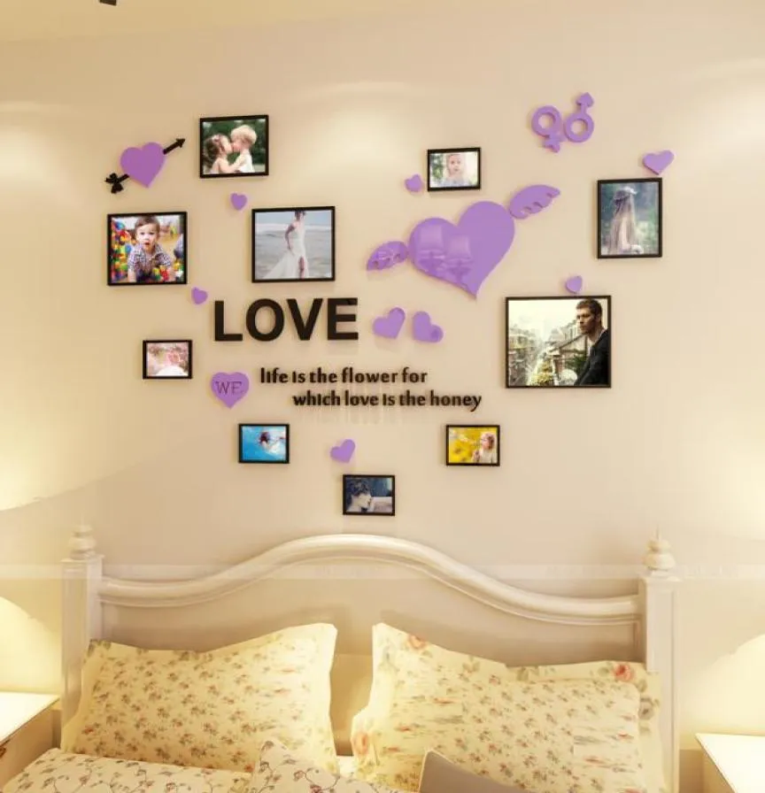 PO Cadre acrylique 3d Mur Autocollant Salle de mariage romantique Amour Diy Art Mur Decor salon Décoration de chambre à coucher1327x7682110