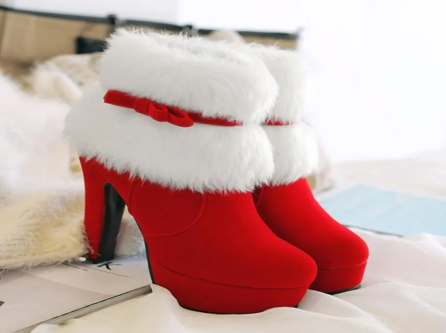 Boots Femme la cheville Noël High Heels Platform Shoes Femme Winter chaude courte rouge Black Ladies Party Plus Size2040775