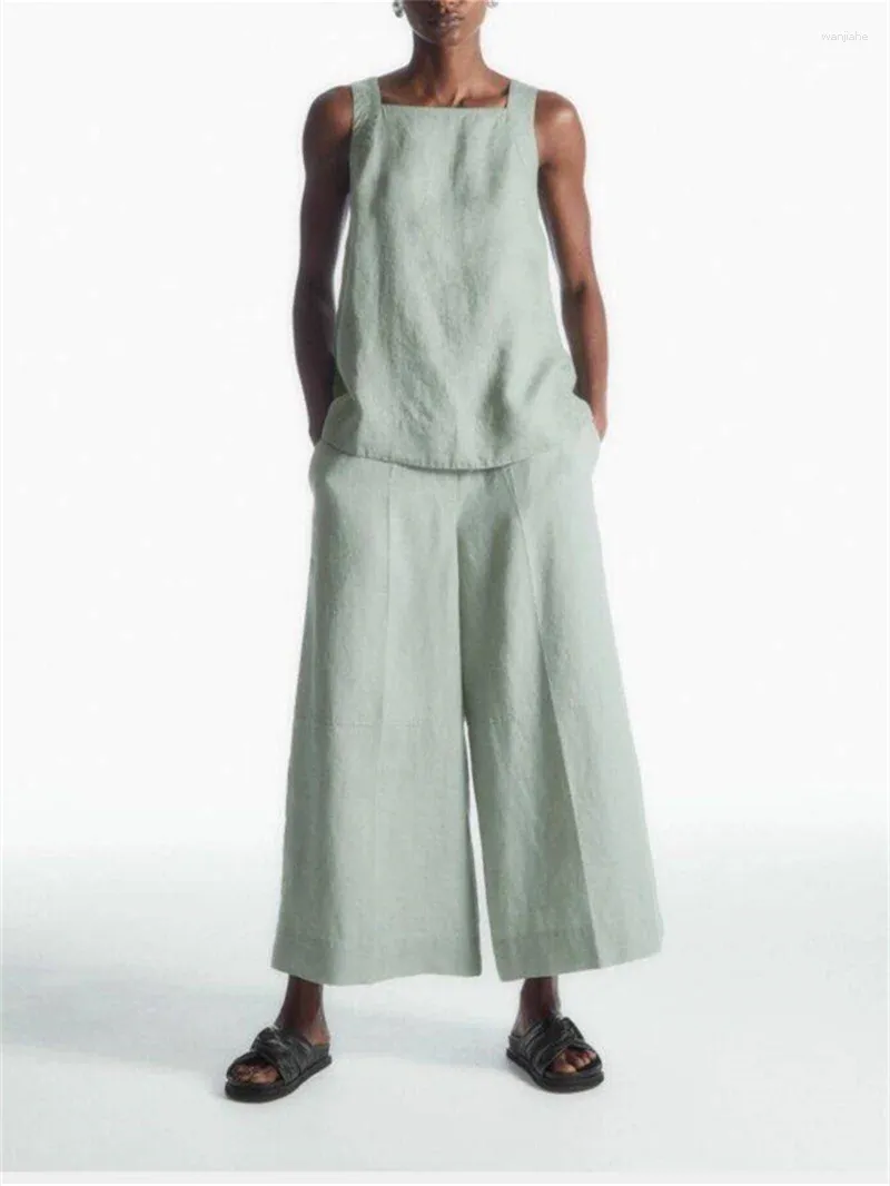 ワークドレス2024夏の女性の薄緑色のリネンセットバックボウタイタンクトップまたはカジュアルハイウエストルーズスカートパンツ