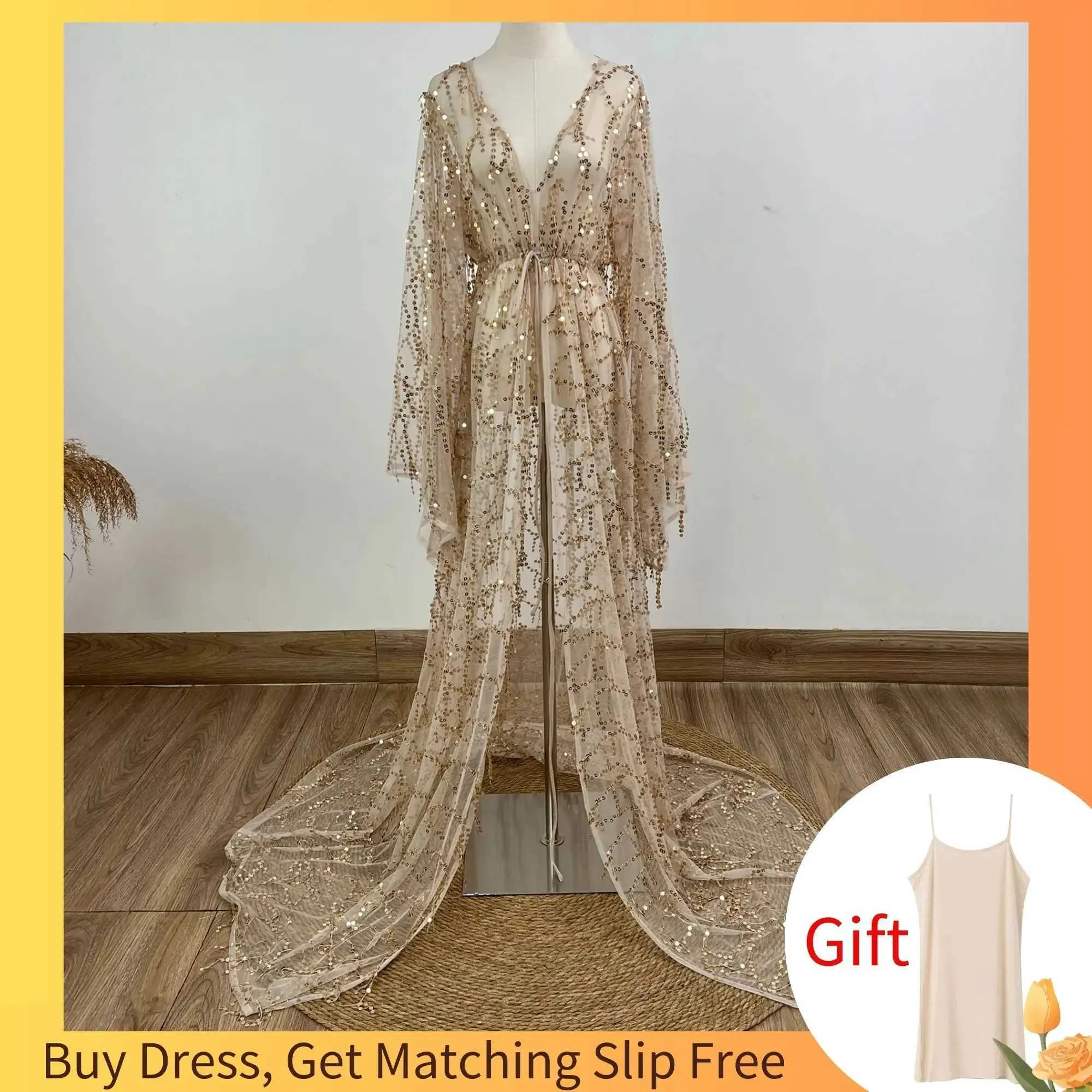 Mutterschaftskleider Don Judy Gold Keine Größe Bohemian V-Ausschnitt Langarm Kollektion Kleid sexy schwangere Kleiderfotografie Kleid Babyparty Geschenkl2405