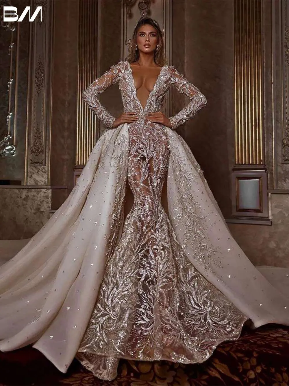 Блестящее глубокое вырезок свадебного платья из бисера кристаллы свадебное платье изящные платья невесты до пола vestido de novia