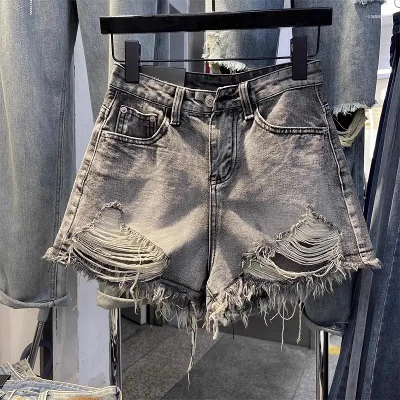 Short féminin Summer Spicy Girl Black Grey Ripped Pouppel Ragged A-Line Denim Mujer Jeans Streetwear