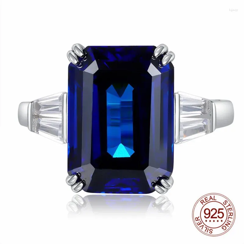 Pierścienie klastra 10x14mm szmaragdowy Cut Blue Sapphire Cubic Cyrron 925 Srebrny pierścionek palca na przyjęcie weselne