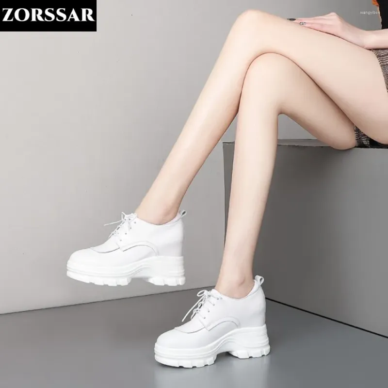 Casual Shoes Genuine Leather Hidden Wedge Sneakers Vulcanized Woman High Heel Platform Sneaker Lace Up White Women 2024