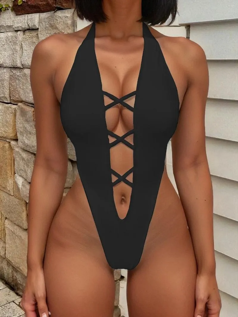Frauen Badebekleidung sexy V-Ausschnitt Verband ein Stück Badeanzug für Frauen Feste Farbe hoch geschnittene Monokini Bodyuit Tanga Badeanzug Strand Kleidung