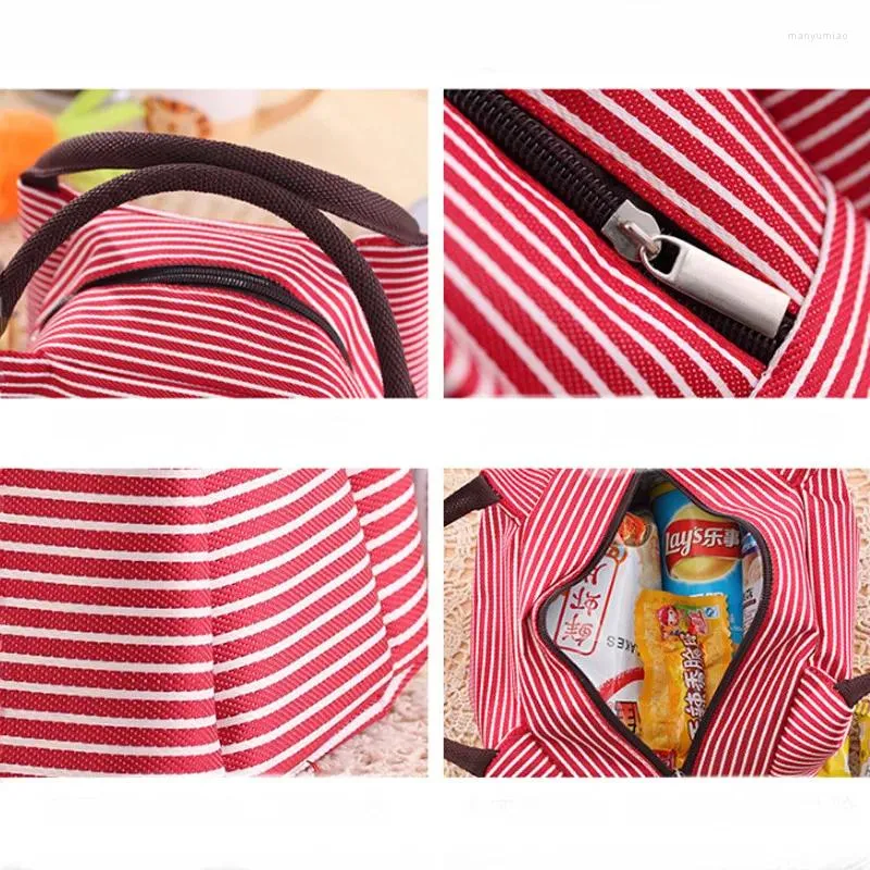 Aufbewahrungstaschen Freizeit Frauen tragbare Lunchbeutel Leinwand Streifen Isolierte Kühler Thermalfutter Picknick Kinder Werkzeuge