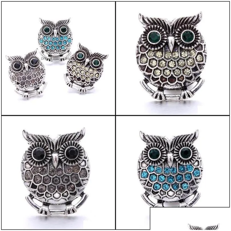 Altri pulsanti a scatto Componente Gioielli Rhinestone Retro Owl Bottoni di snap di metallo da 18 mm Funziona Bracciale Bangle Noosa N0054 Drop dhselle Dhx1i