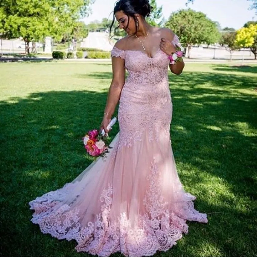 2021 Vintage Pink Saudi Arabia Evening Dresses Wear Off Shoulder Dubai Mermaid Full Lace Appliques Prom Dress Formal Party Gowns Custom 2084