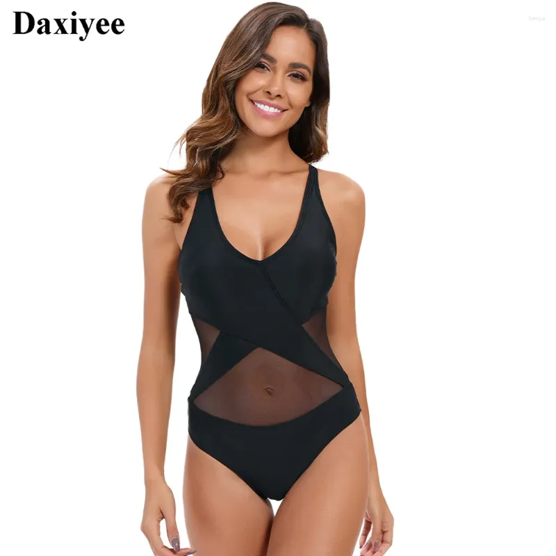 Women's Swimwear Sexy Cut Out One Piece Swimsuit Women Solid Black Mesh Patchwork Surfing Backless Monokini High Neck Bathing Suit Mujer