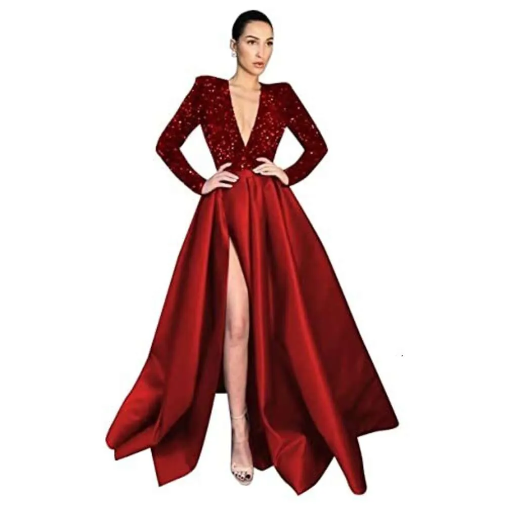 MARSEN Long Sleeve Sequin Prom Dresses Satin Ball Gown V Neck A-Line Formal Evening Gowns for Women