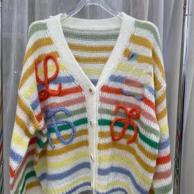 Women rainbow gradient color stripe logo letter embroidery single breasted v-neck loose knitted sweater cardigan SML