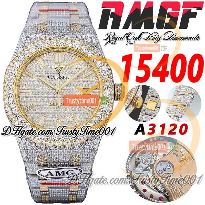 AMG 15400 A3120 Automatic Homme Regardez Big Diamond Diamond Chozel 18k Jaune Gold Paves Diamants Stick Markers Bracelet en acier Super Edition TrustyTime001 Iced Out Montres