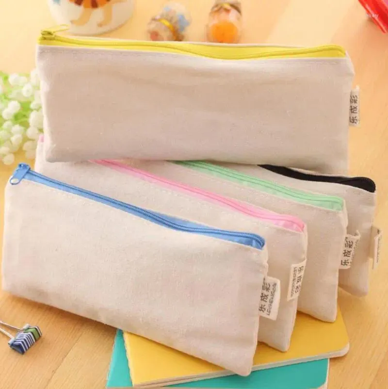 Storage Bags 20.5 8.5cm DIY Blank Plain Canvas Zipper Pencil Pen Stationery Cases Clutch Bag Gift Pouch LX6439