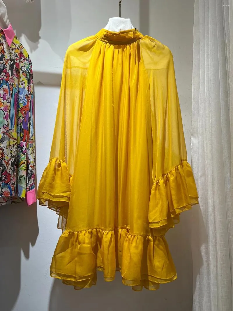 Casual Dresses Vintage Collection Women Top Quality 2024 Spring Summer Yellow Red Frill Ruffles Mini Loose