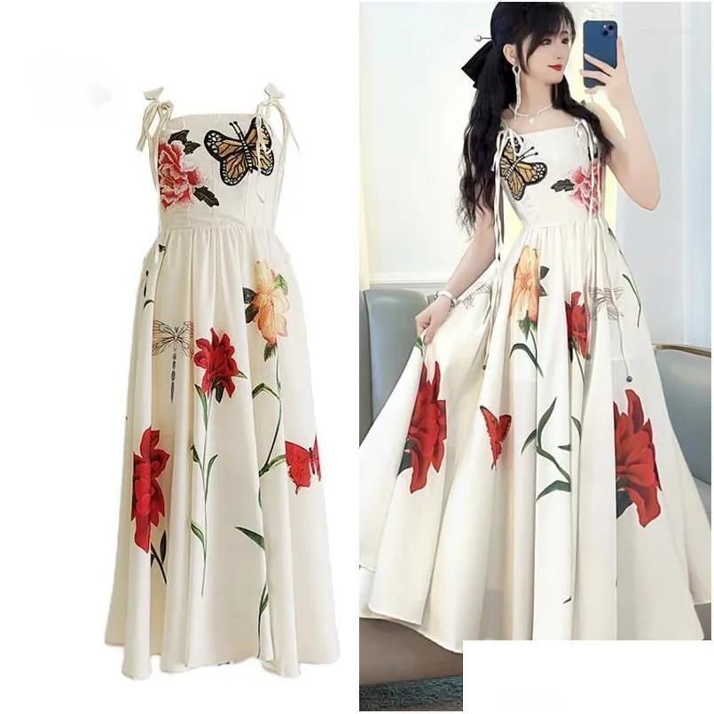 Podstawowe sukienki swobodne Summer Haft Butterfly Lady Runway Jakość paska bawełniany lniany sundress liniowy impreza elegancka midi long el dhudm