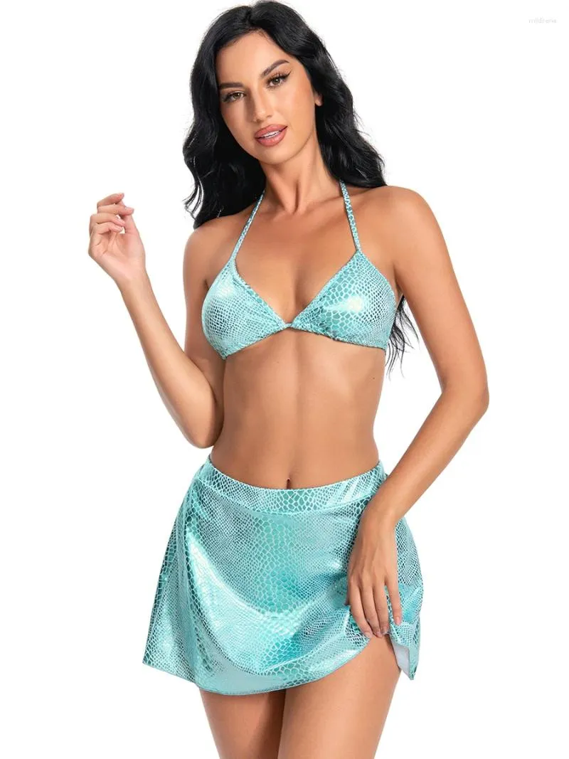 Bikini métallique de maillots de bain pour femmes Ensemble de bikini aqua brillant Snake Imprime de maillot de bain Bathing Triangle Top Side Tie Tong Bott Bottom Jupe 3 pièces