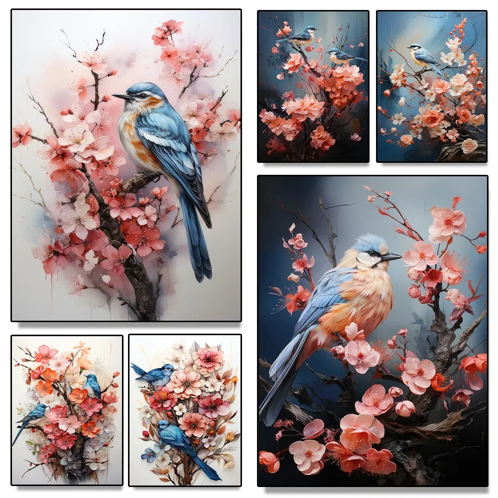 Carino blu uccello pesca fiori fiori fiori 3d arte tela stampati poster murale da parete animale ideale soggiorno moderno arredamento per casa cuadros