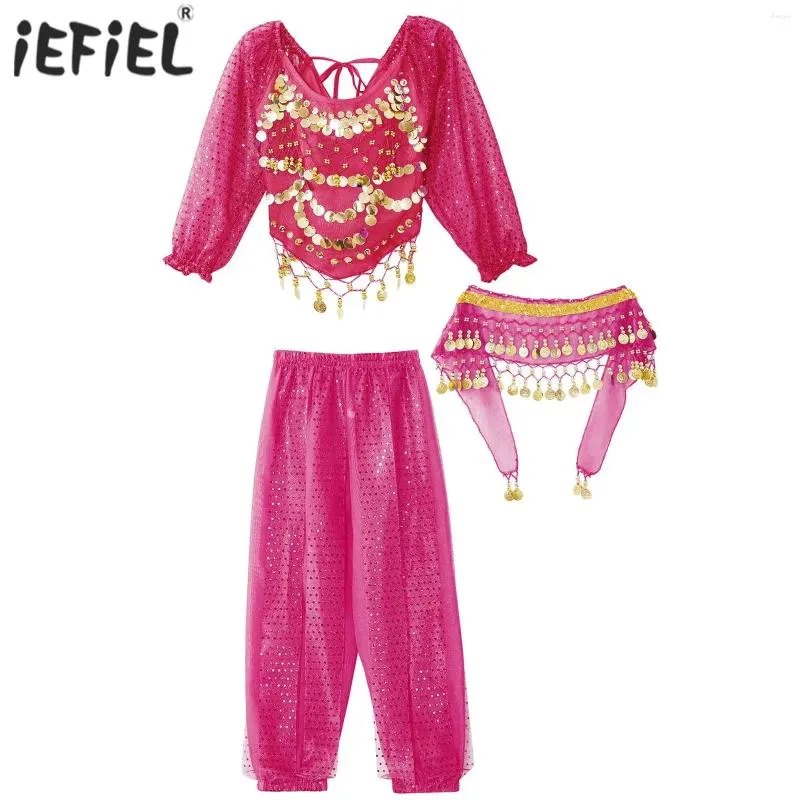 Clothing Sets Kids Girls Belly Dance Bollywood Costume Sequins Long Sleeve Crop Top With Chiffon Pants Tassels Waist Chain Hip Scarf Suit