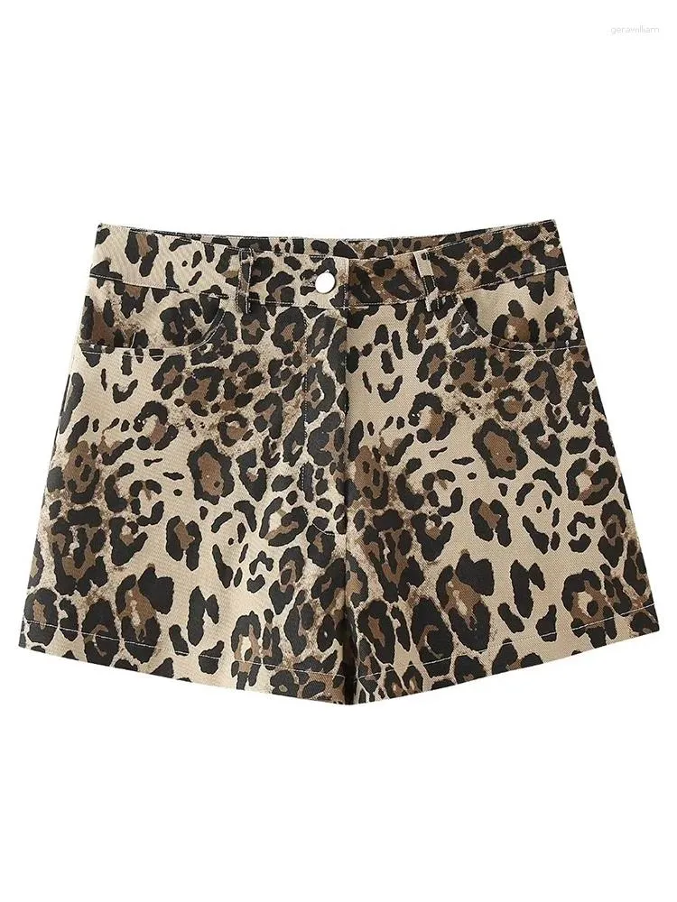 Shorts femininos trafza 2024 mulheres retro leopardo calças curtas moda cair zíperes botão de bolso feminino de rua vintage feminino