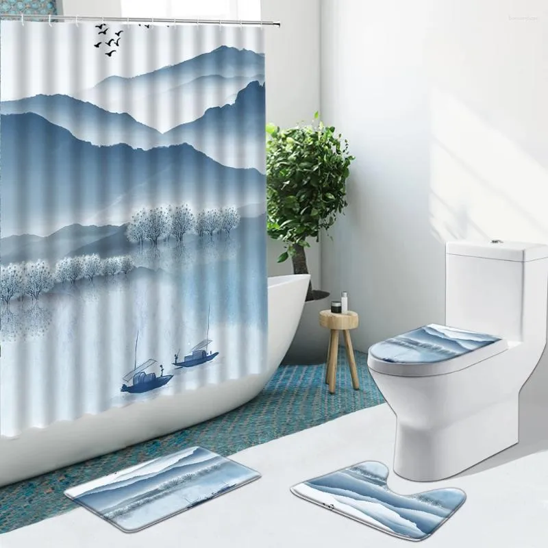 Dusch gardiner kinesisk stil landskap bläck målning berg vatten båt badrum set icke-halk mattor badmatta toalett täckmatta