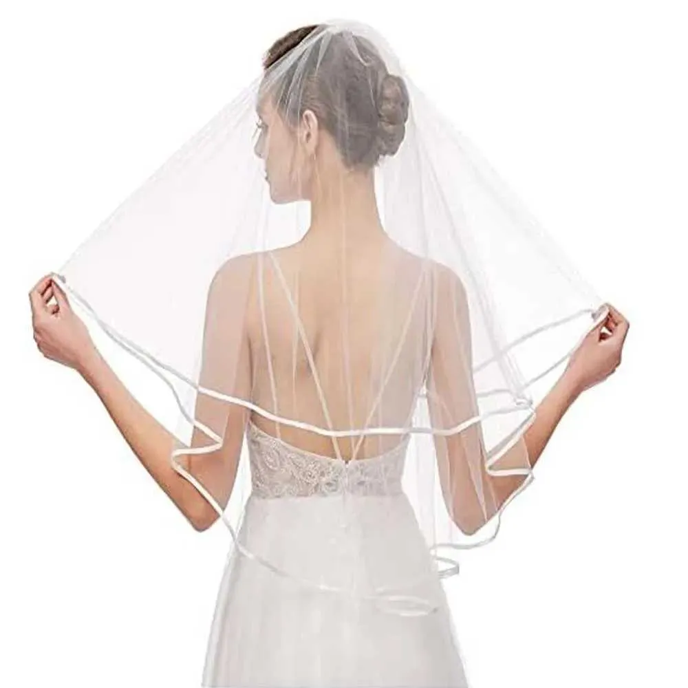 Haarschmuck Braut Damen Einfacher Tüll Kurzer Schleier Satinrand Mit Kamm für Hochzeit Junggesellinnenabschied_voghion.com
