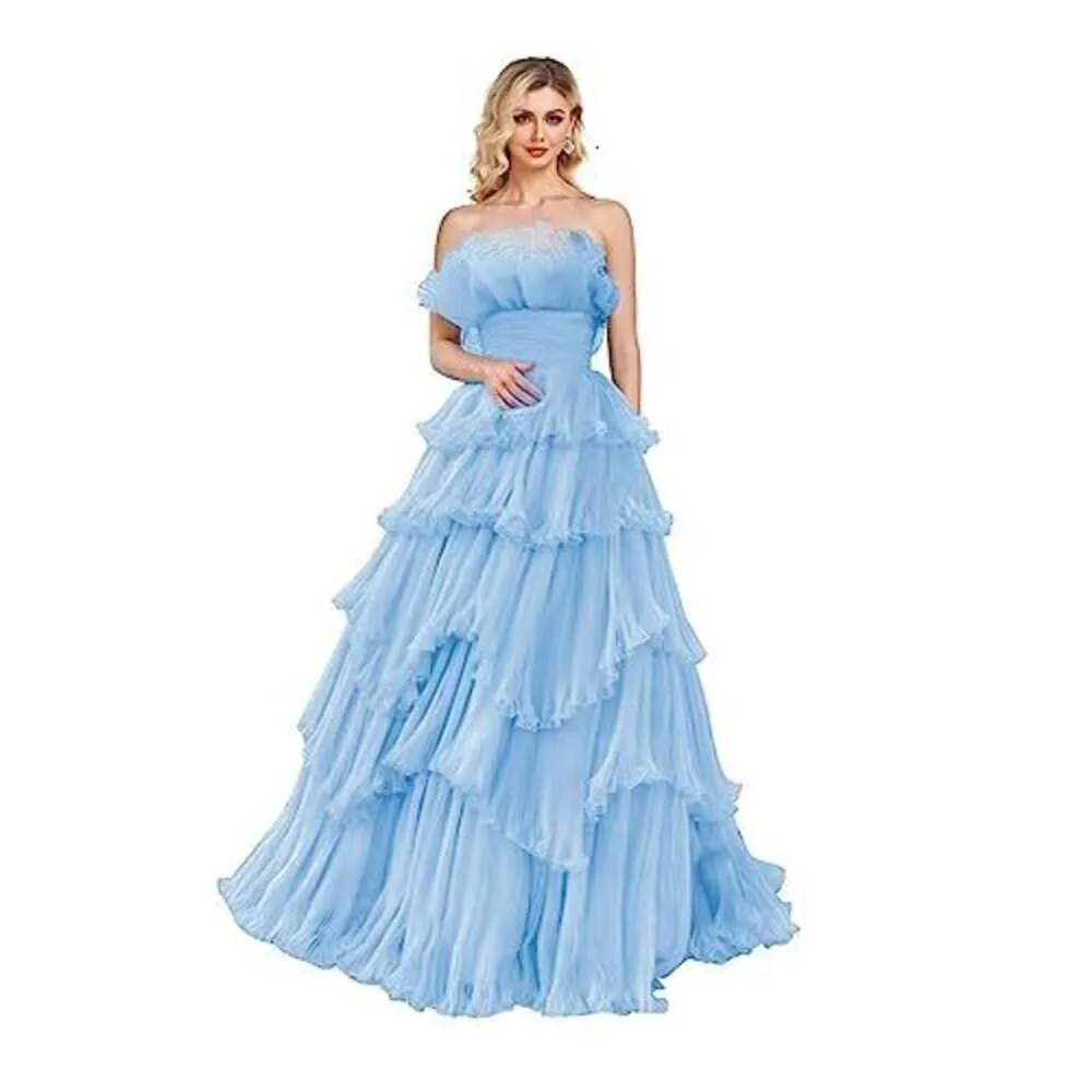 Strapless Ruffles Prom Dresses Long Tiered Tulle Ball Gown Princess Formal Evening Gowns for Women