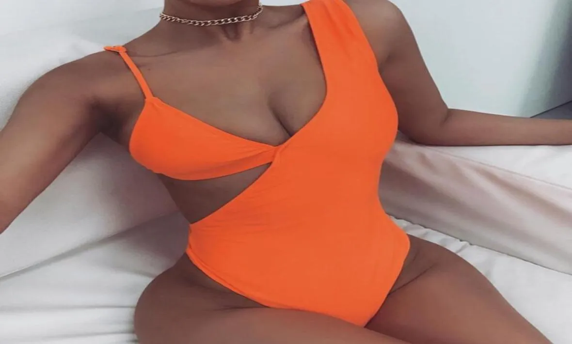 Popularny stały kolor damski puste krojone bikini kostium kąpielowy plaża One Piece Swimsuit High tali