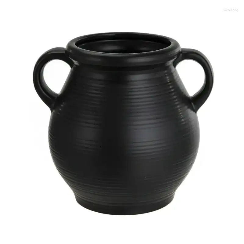 Vases en céramique noir en céramique Vase avec finition côtelée terrarium décoratif pour plantes basse décor de jardin jardinières vas