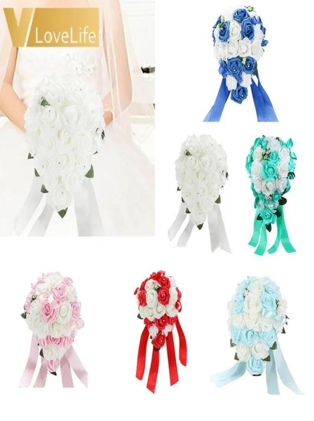 1st Holding Flowers Blue Purple Red Rose Artificial Bridal Flowers Bride Bouquet Wedding Bouquet Crystal Silk Ribbon Decoration9523994