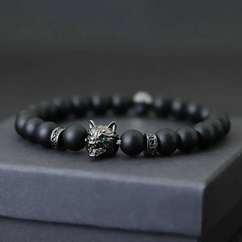 Bracelets de charme notation Hiphop Men Bracelet Bouillé 8 mm Braclet en pierre onyx loup lion animal braslet punk bijoux pirate crâne Brazalete Zirconia Y240510