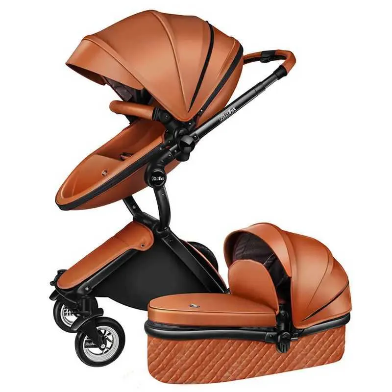 Strollers# Baby stroller 2 in 1 Luxury PU leather Newborn CarriageHigh Quality Landscape two way trolley car baby Pushchair shell pram H240514