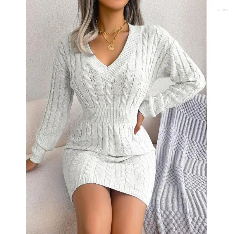 Winter Women's Casual sweater dress - Long Sleeve V-Neck Mini Knit Pullover Clothing