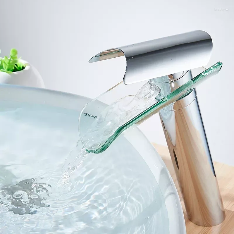 Rubinetti del lavandino da bagno moderno cascata becco di vetro rubinetto a bacino di vetro con manico singolo manico a manico singolo toccato