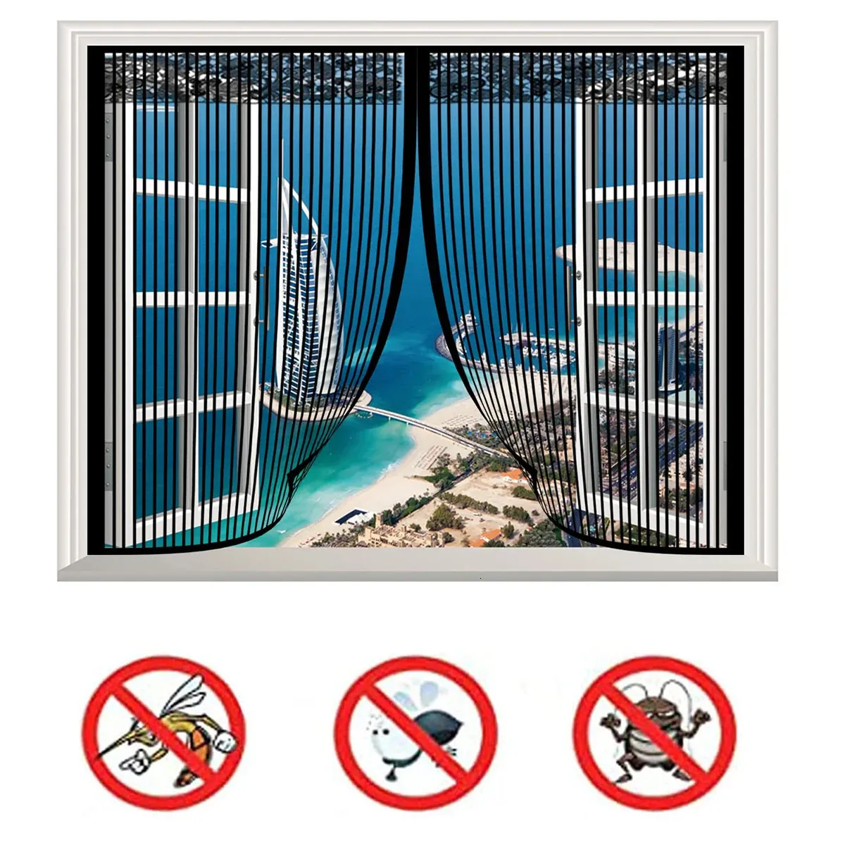 Magnetic Window Screen Door Mesh Curtain Closing to Keep Bugs Out Black 240424