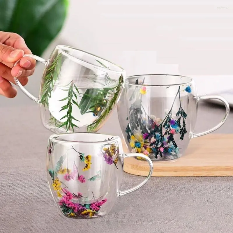 Verres à vin Créative Creative Double Wall Café Masse avec des poignées réelles fleurs séchées Bouloir en verre tasse de thé Casse à chaleur CADE RESPIRANT 250ML