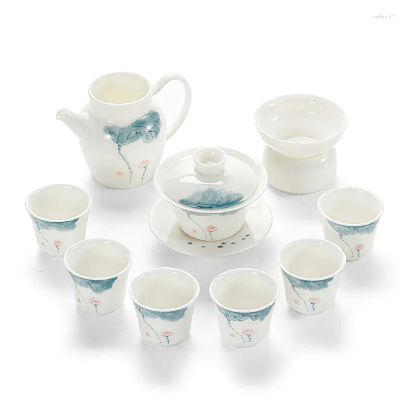 Teaware set China White Hand Painted Ceramic Tea Set Office Mutton Fat Jade Porcelain Teapot Lid Bowl Teacup Gift